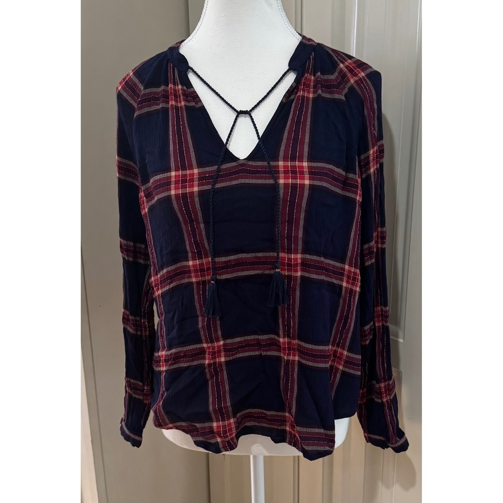 Lucky Brand Plaid Top Long Sleeve Navy Burgundy Pullover Shirt Size Small Preppy